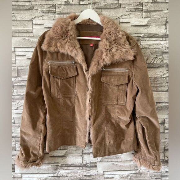 Jennyfer J. || 90's Tan Corduroy Rabbit Fur Y2K Style Pocket Jacket - Picture 1 of 14